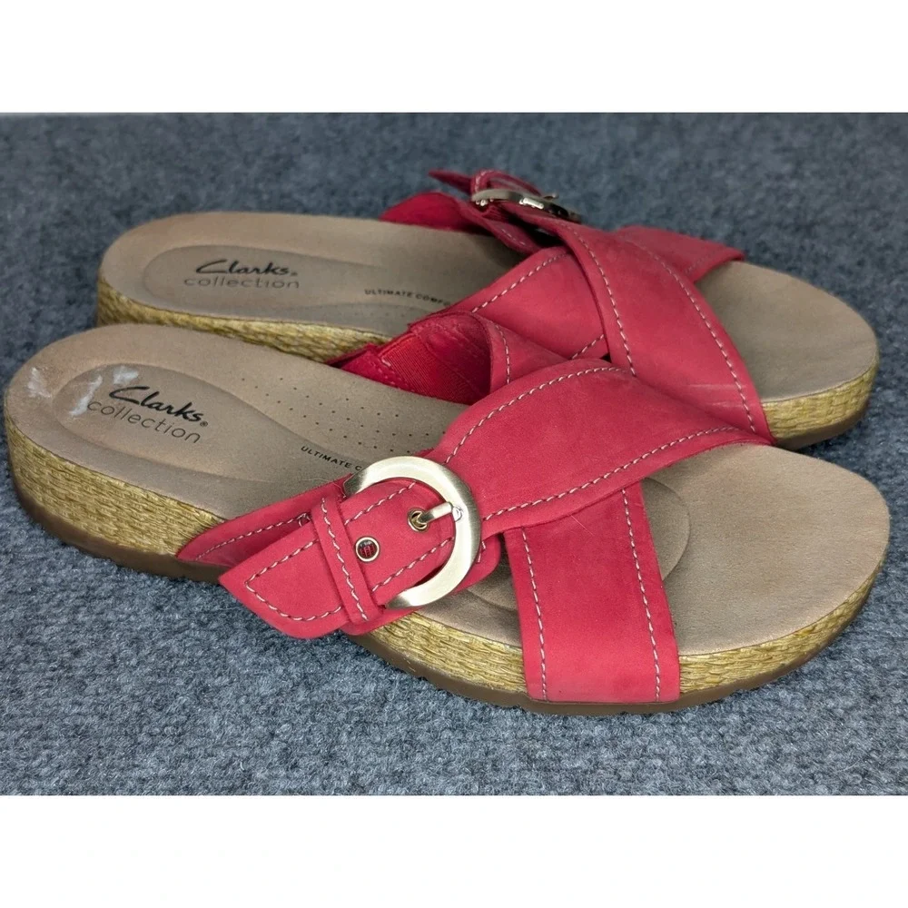 Clarks Collection Leather Slide Sandals Reileigh May Red Women's 9 W Wide